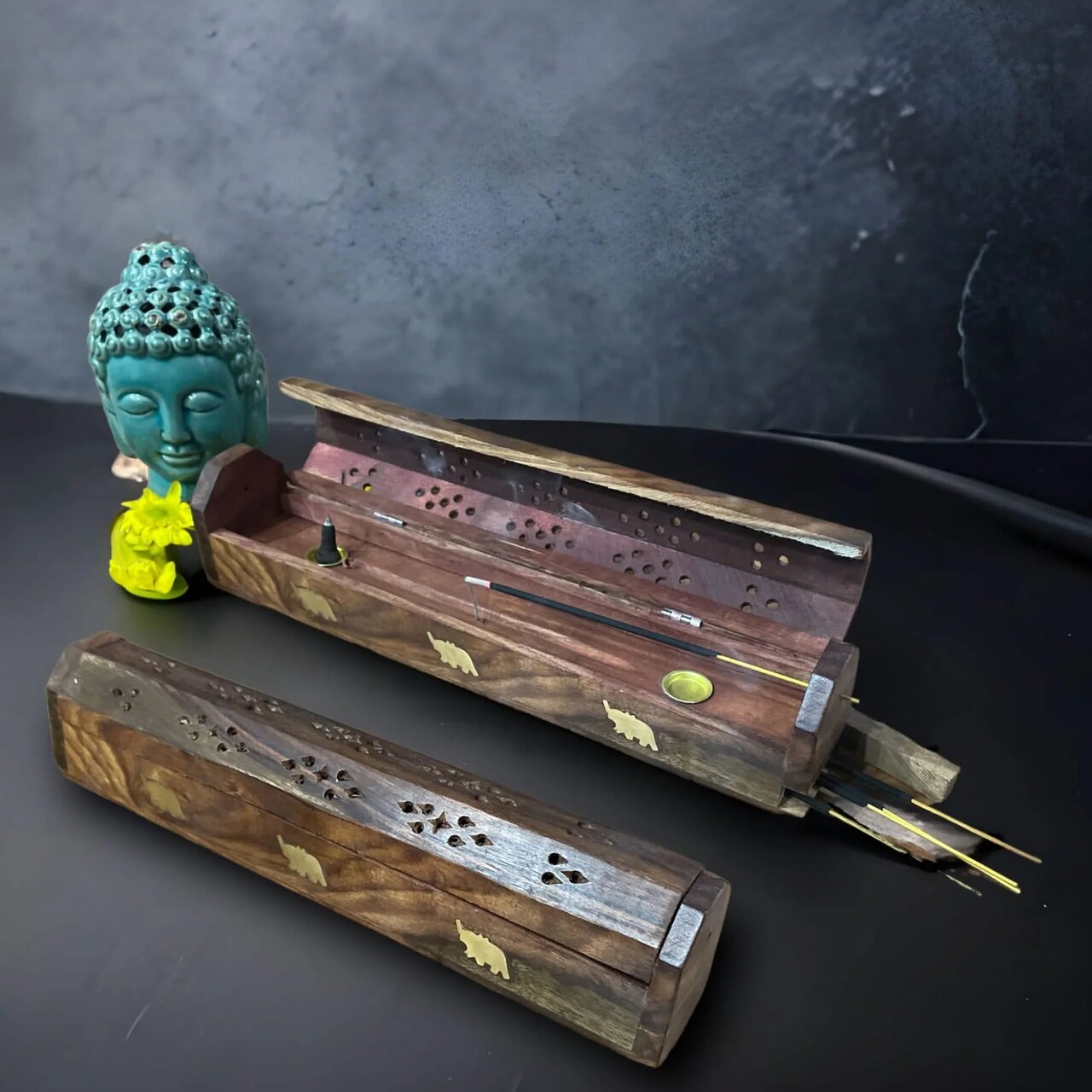 Wood Incense Stick Holder Handmade Rosewood Holder Fragrance Burner Tray Agarbatti Dhoop Ash Catcher Conical Box Shape Incense Holder for Temple Decor